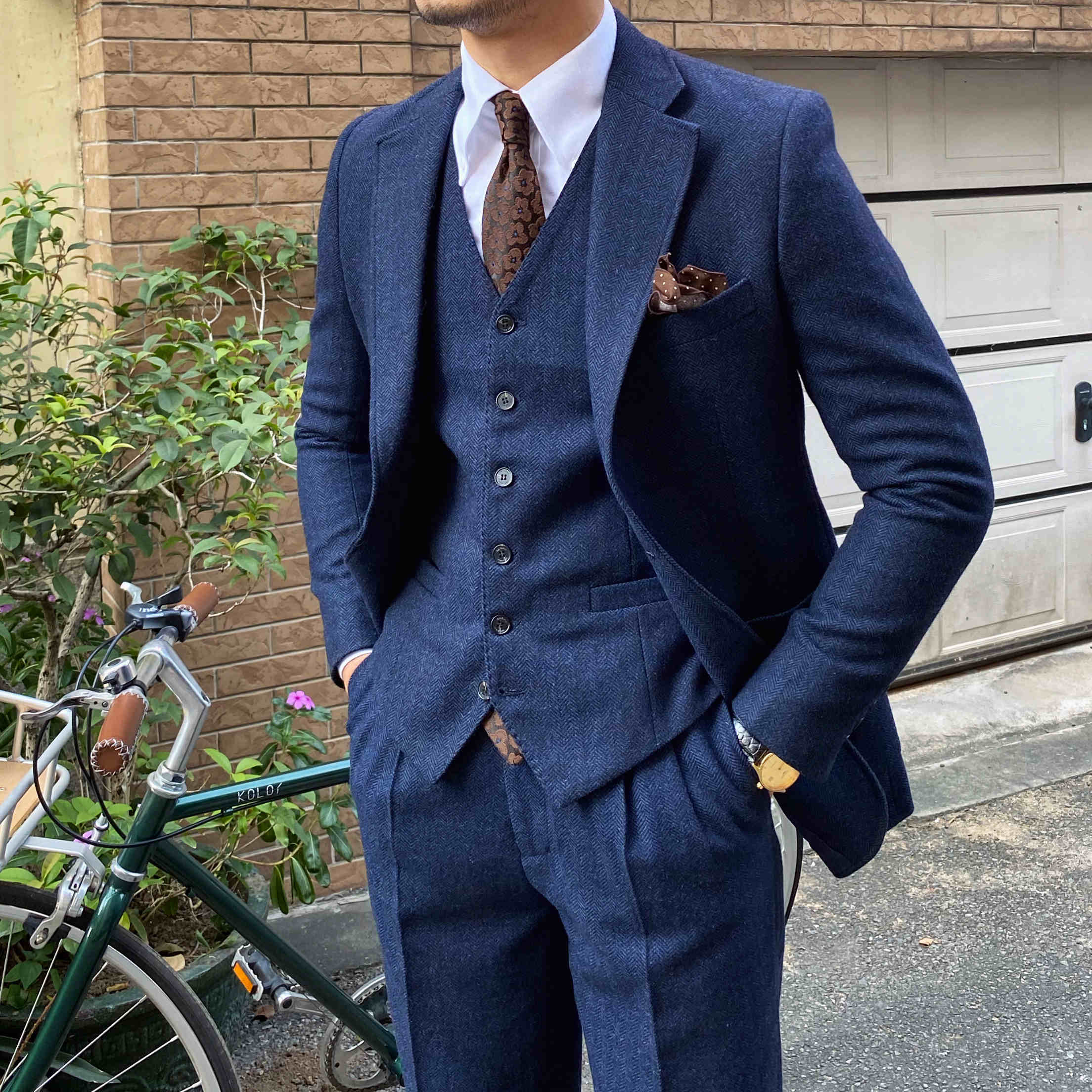 Autumn Winter Retro Herringbone Wool Slim Fit Men's Suits - Image 2