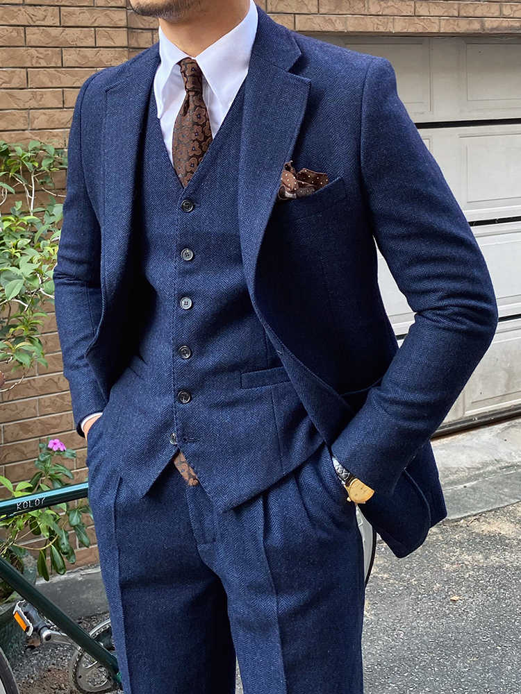 Autumn Winter Retro Herringbone Wool Slim Fit Men's Suits - Image 8